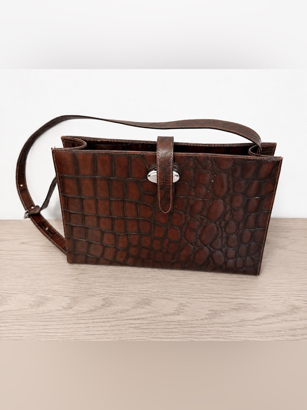 Furla Burgundy Oxblood Croc Embossed Leather Shoulder Bag